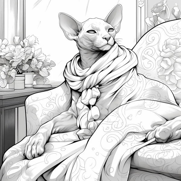 Hairless sphynx cat wrapped in scarf and blanket, sitting on patterned armchair in cozy home setting — free printable home life coloring book page