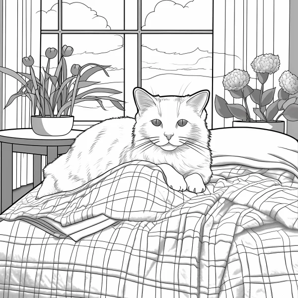 Cozy cat lying on a bed with plaid blanket, realistic line art style — free printable home life coloring book page