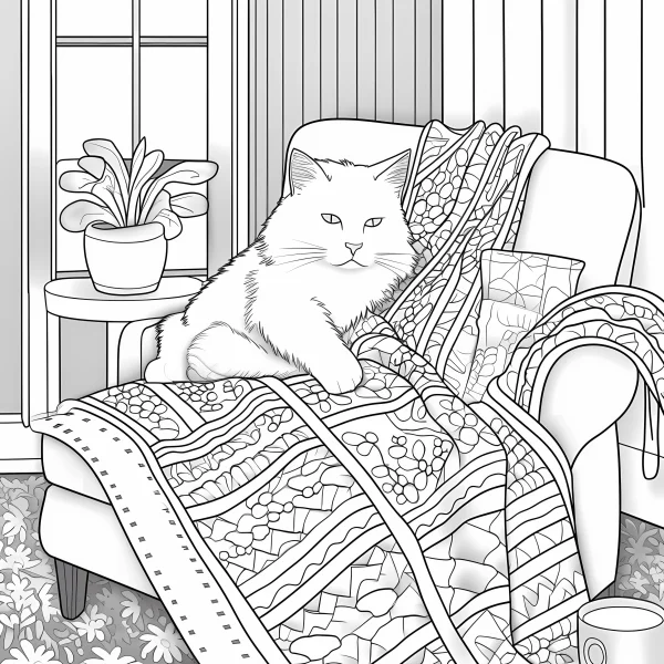 Domestic white cat on fabric sofa with patterned blanket, cozy home interior scene — free printable home coloring book page