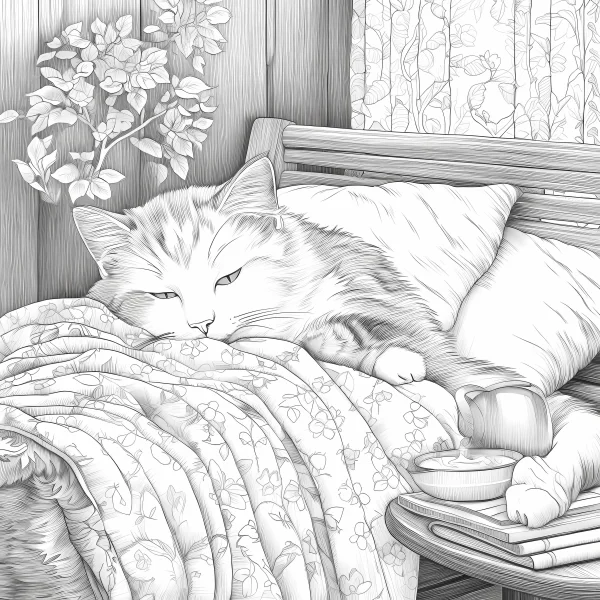 Lazy house cat lying on sofa covered with floral quilt, sketch style — free printable home life coloring book page