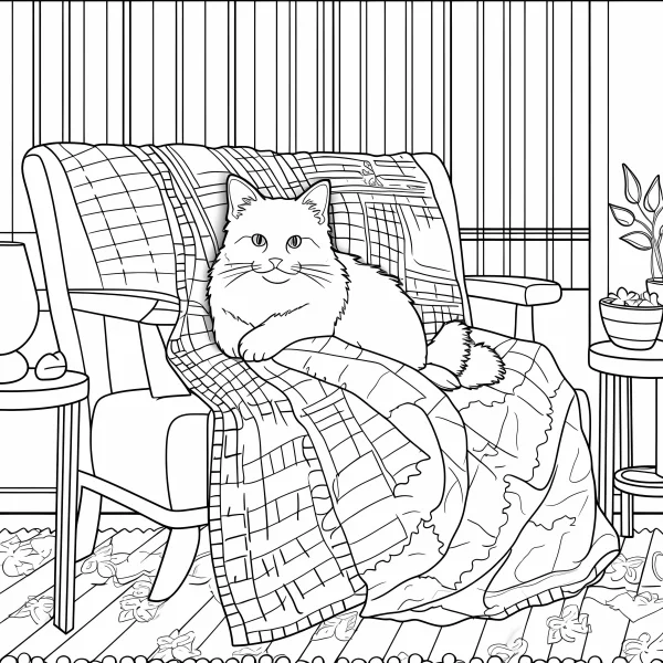 Fat cat lying on a plaid blanket on an armchair, cozy home interior with side tables — free printable home coloring book page