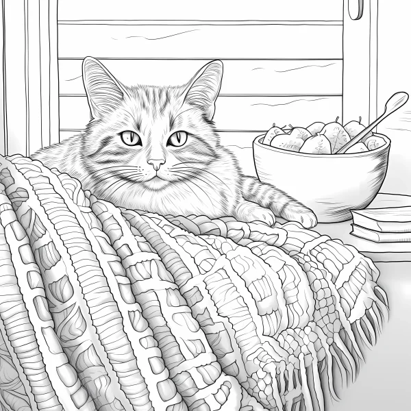 Domestic tabby cat lying on a knitted blanket with tassels, realistic illustration style — free printable home life coloring book page