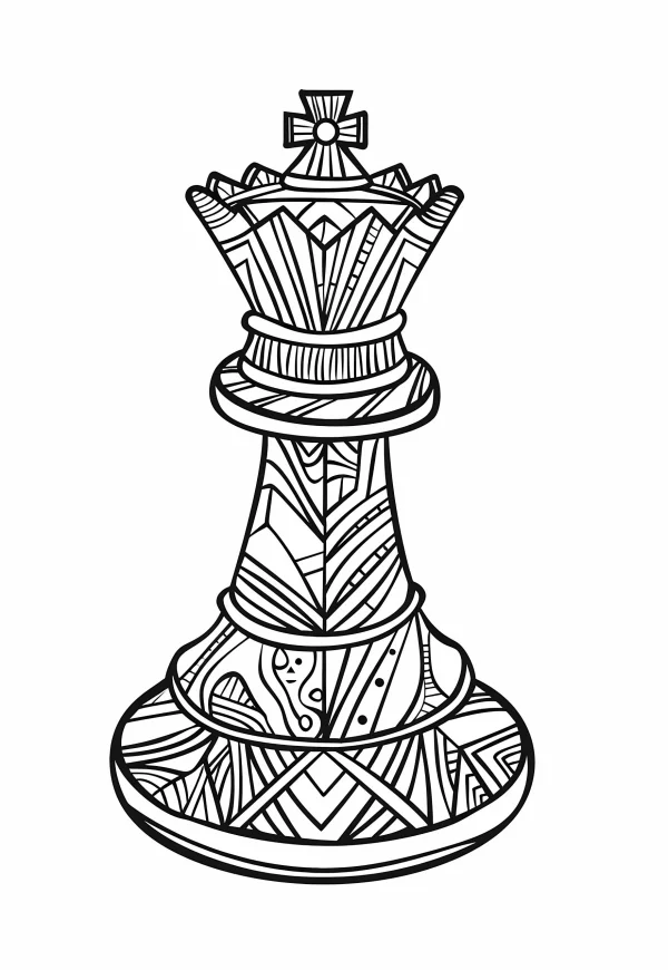 Decorative chess king piece, zentangle style — free printable board games coloring book page