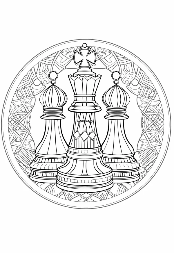 Chess king and pawns within a circular celtic knot border, celtic style — free printable board games coloring book page