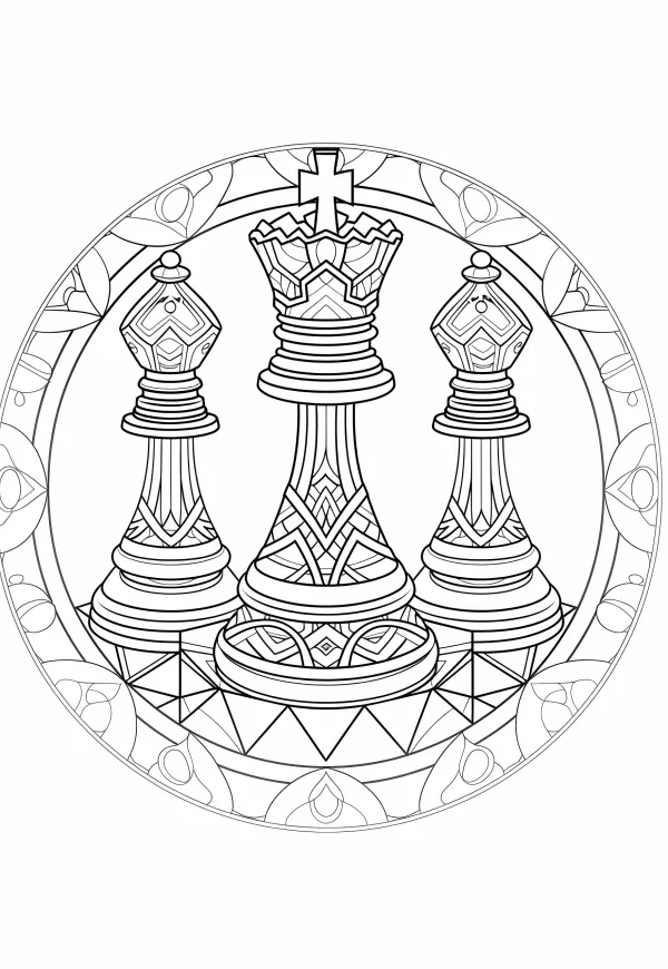 Coloring book page, mandala-style chess pieces (king and two queens) — free printable chess coloring book page