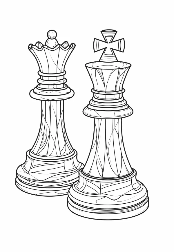 Chess king and queen pieces, realistic line art style — free printable board games coloring book page