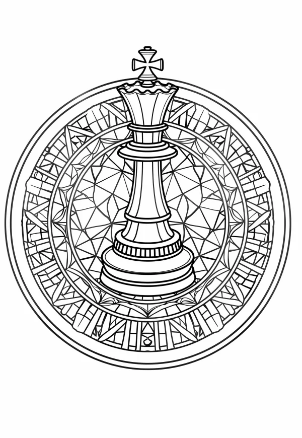 Mandala style chess king, abstract geometric symmetric patterns — free printable board games coloring book page