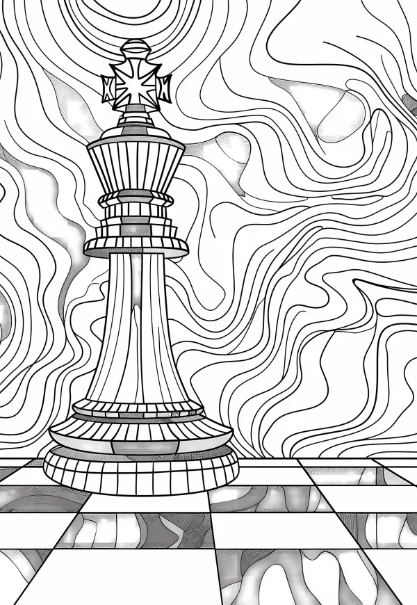 Chess king piece, abstract flowing wavy line background — free printable board games coloring book page