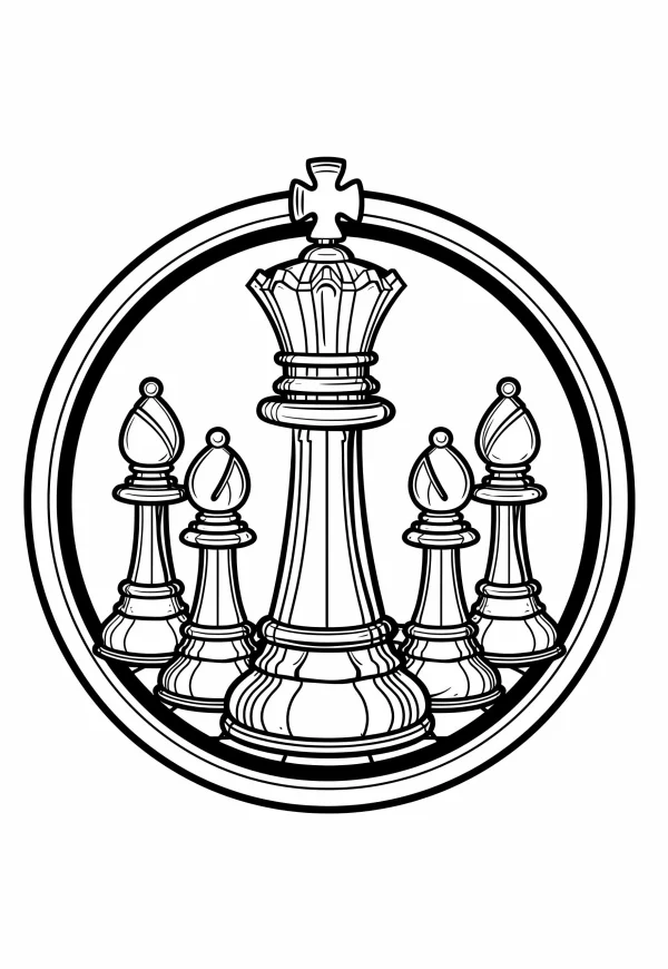 Chess king surrounded by four pawns inside a circular frame, realistic illustration style — free printable board games coloring book page