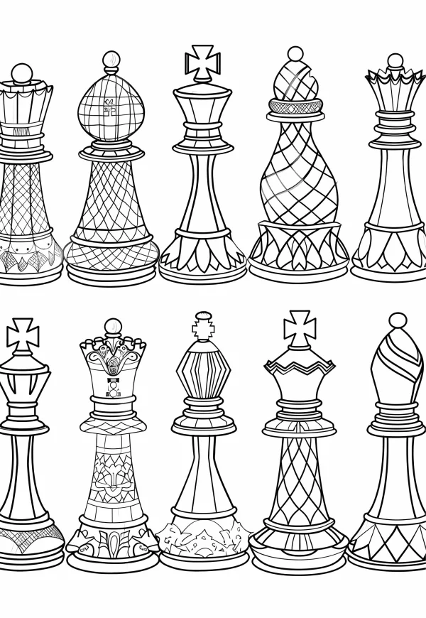Decorative chess pieces, art deco style — free printable leisure coloring book page