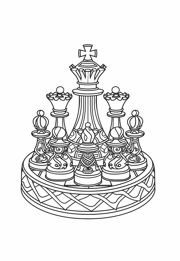 Ornate decorated chess pieces set with king, queen — free printable other life themes coloring book page