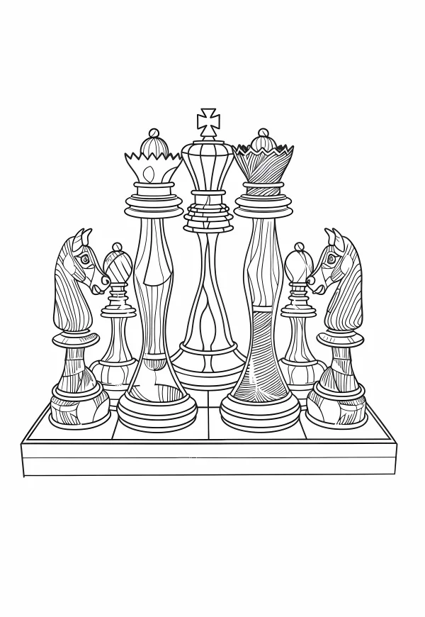 Symmetric set of chess pieces including king, queen — free printable board games coloring book page