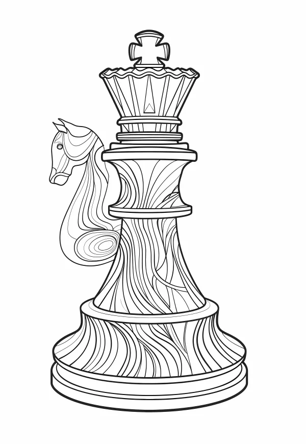 Chess king piece fused with horse head, zentangle style — free printable items coloring book page