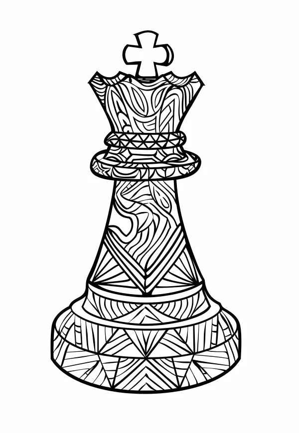 Decorative chess king piece, decorative art style with intricate geometric and symmetrical patterns — free printable leisure coloring book page