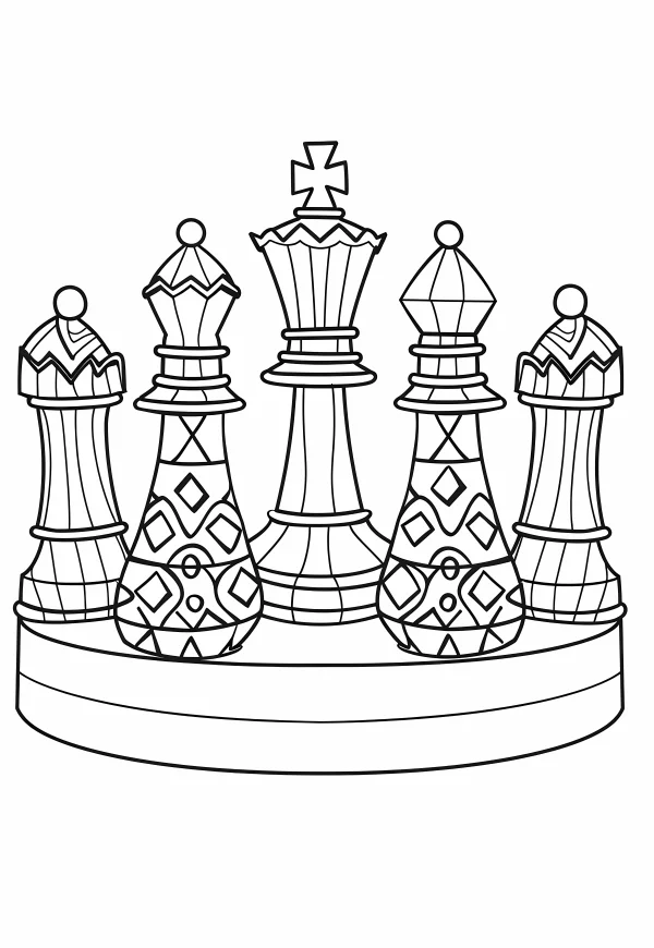 Decorative chess pieces including king, queen and pawns — free printable board games coloring book page