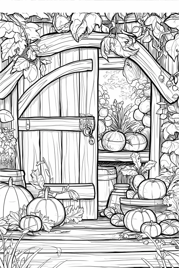 Wooden cottage porch with various pumpkins, rustic pastoral style — free printable autumn coloring book page