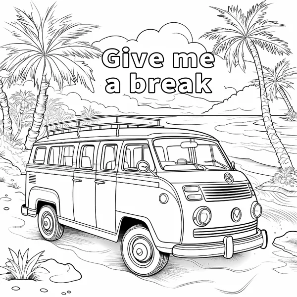 Vintage camping bus on tropical beach, retro cartoon style — free printable camping coloring book page