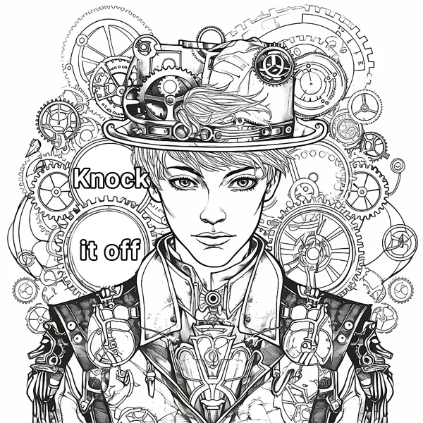 Steampunk style character wearing mechanical top hat, surrounded by intricate gears and mechanical decorations — free printable steampunk coloring book page