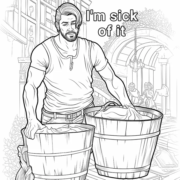 Coloring book page, frustrated man doing laundry — free printable work coloring book page