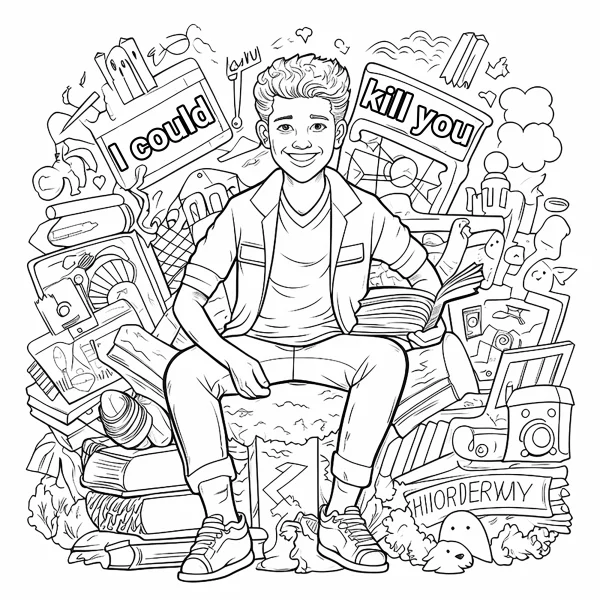 Quirky cartoon boy sitting on pile of books, surrounded by various playful items including cameras — free printable learning coloring book page