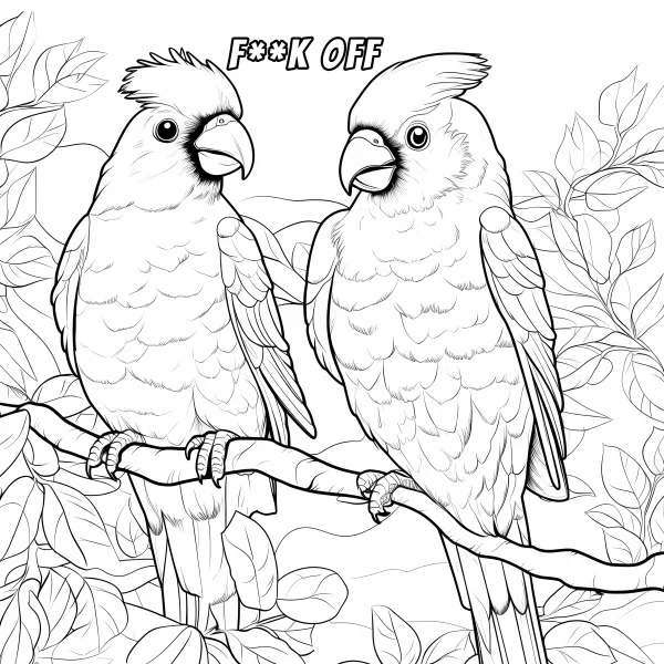 Two cockatoos perched on a tree branch, cartoon style — free printable quirky coloring book page