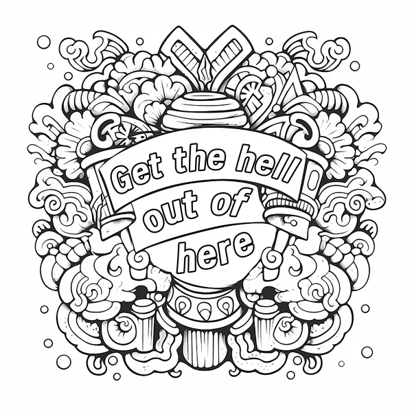 Graffiti-style decorative pattern with scroll bearing the text 'get the hell out of here', doodle art — free printable graffiti coloring book page