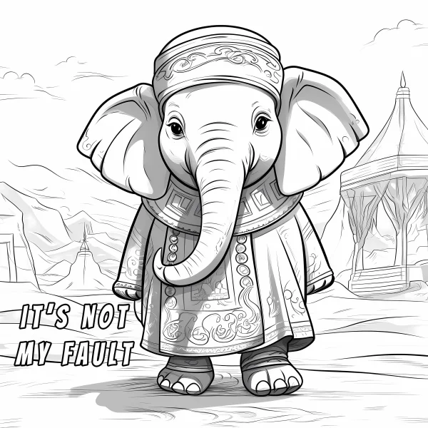 Anthropomorphic elephant wearing traditional decorative clothing and hat, cartoon style — free printable culture coloring book page