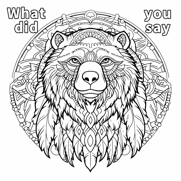 Coloring book page, tribal-style bear head with mandala patterns and feathers — free printable indigenous coloring book page