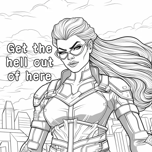 Glasses-wearing angry female superhero in armor with long flowing hair, cartoon anime style — free printable city coloring book page