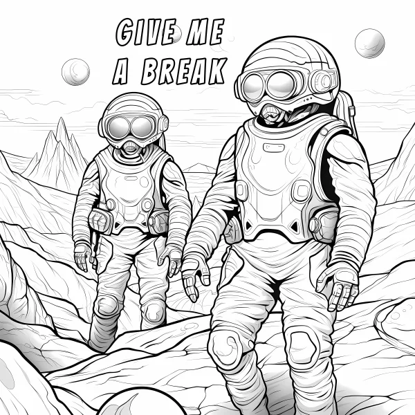 Two astronauts on alien rocky terrain, sci-fi realistic illustration style — free printable space coloring book page