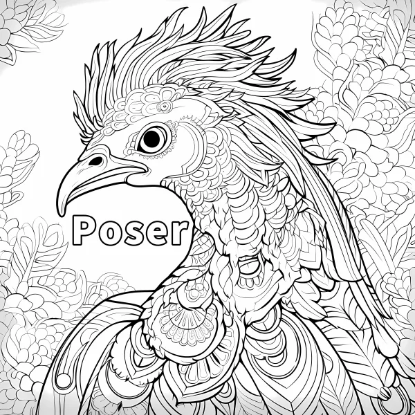 Ornate fantasy bird with mandala-style decorative feathers, surrounded by leaf and floral patterns — free printable animal theme coloring book page