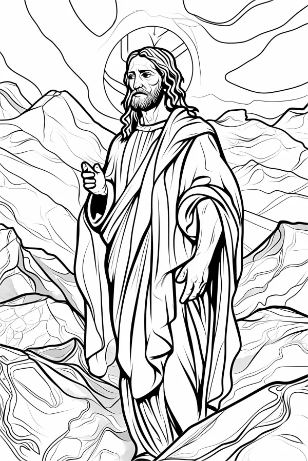 Jesus with halo standing in mountainous terrain, realistic sketch style — free printable religion coloring book page
