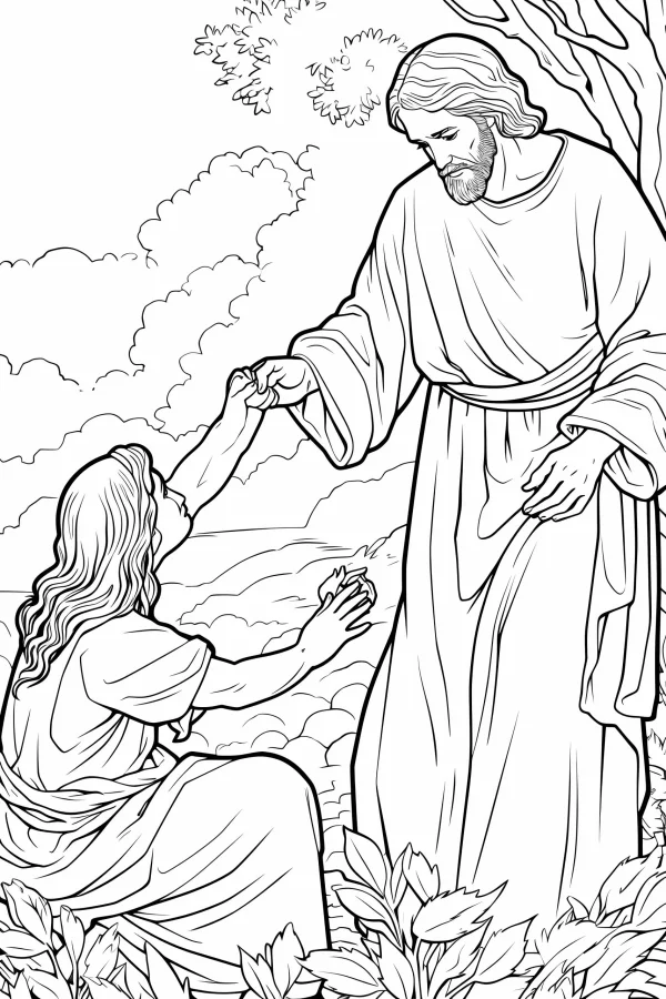 Jesus helping a kneeling believer, realistic line art style — free printable religion coloring book page