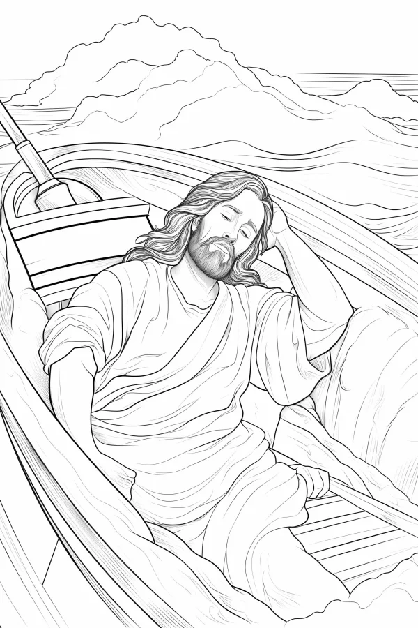 Jesus resting in a wooden fishing boat, realistic line art style — free printable religion coloring book page