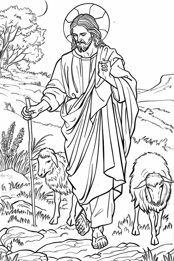Shepherd jesus with a halo, holding a walking staff — free printable pastoral coloring book page
