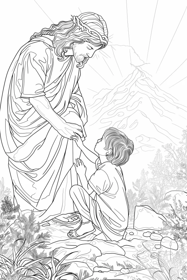 Jesus with crown of thorns holding a child's hand, realistic line art style — free printable religion coloring book page