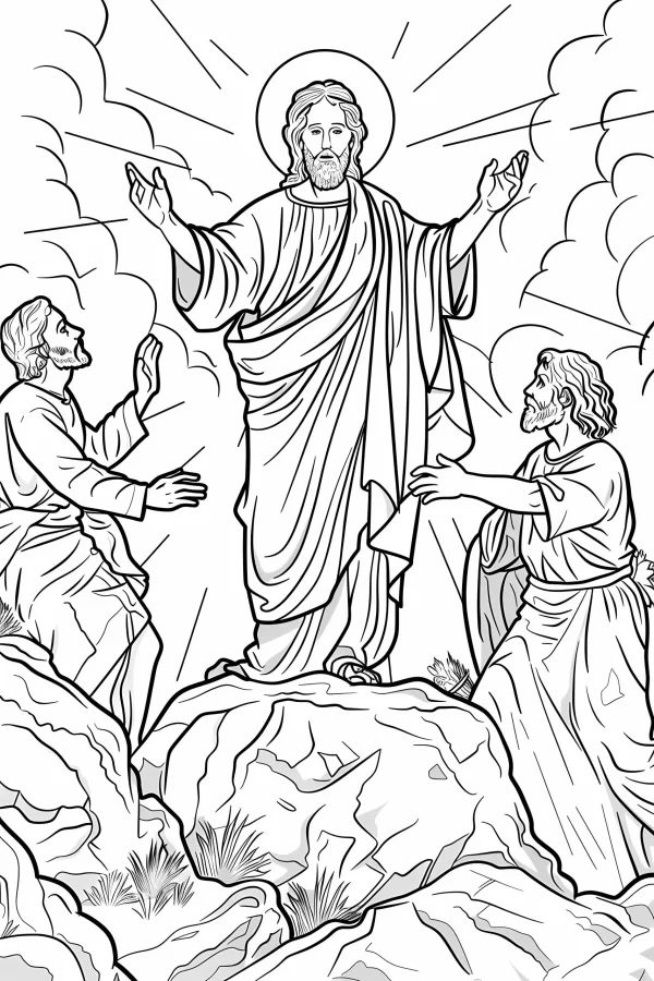 Jesus with halo and two disciples, religious biblical transfiguration scene — free printable religion coloring book page