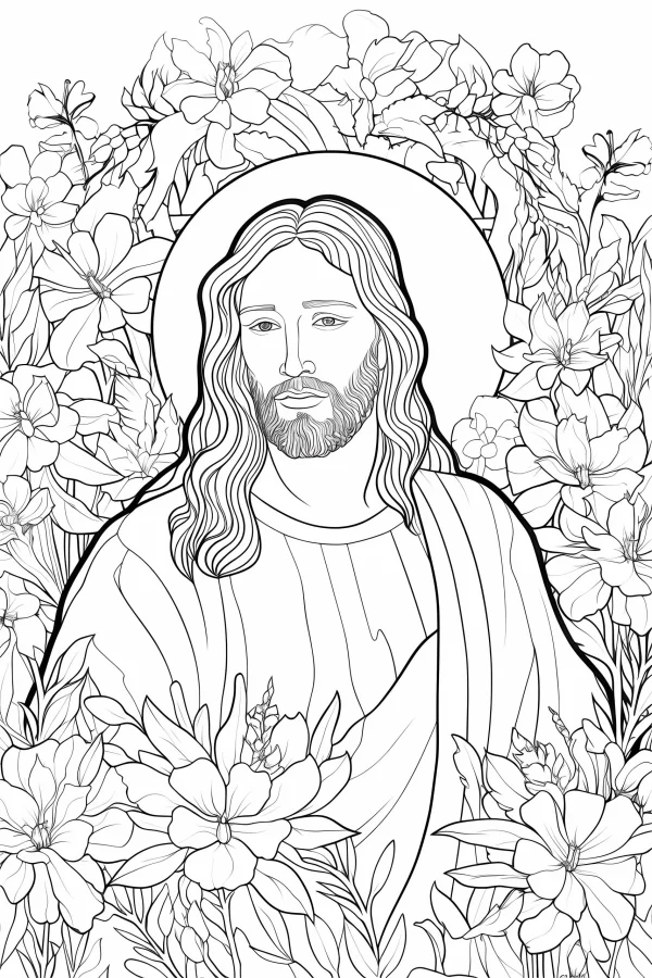 Jesus with halo surrounded by various flowers and leaves, realistic illustration style — free printable religion coloring book page
