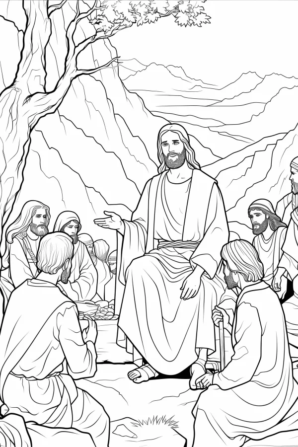 Jesus preaching to his disciples, realistic illustration style — free printable religion coloring book page