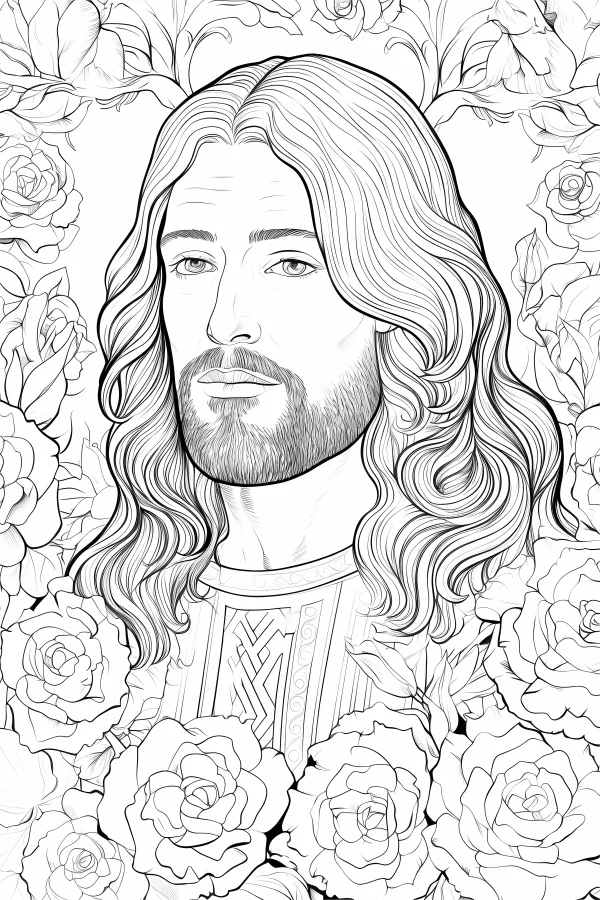Jesus surrounded by roses, realistic illustration style — free printable religion coloring book page
