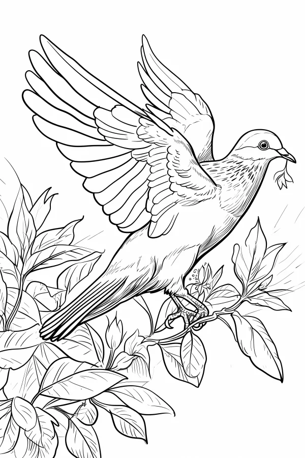Peace dove holding olive branch, realistic line art style — free printable peace coloring book page
