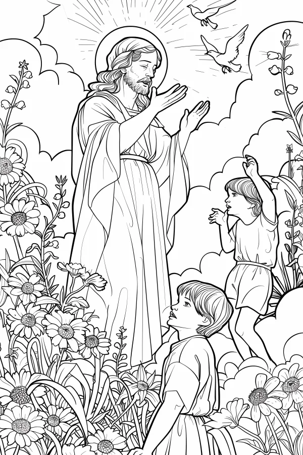 Jesus with two children, realistic illustration style — free printable children coloring book page