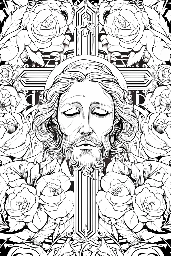 Jesus head with cross and roses, religious illustration style — free printable religion coloring book page