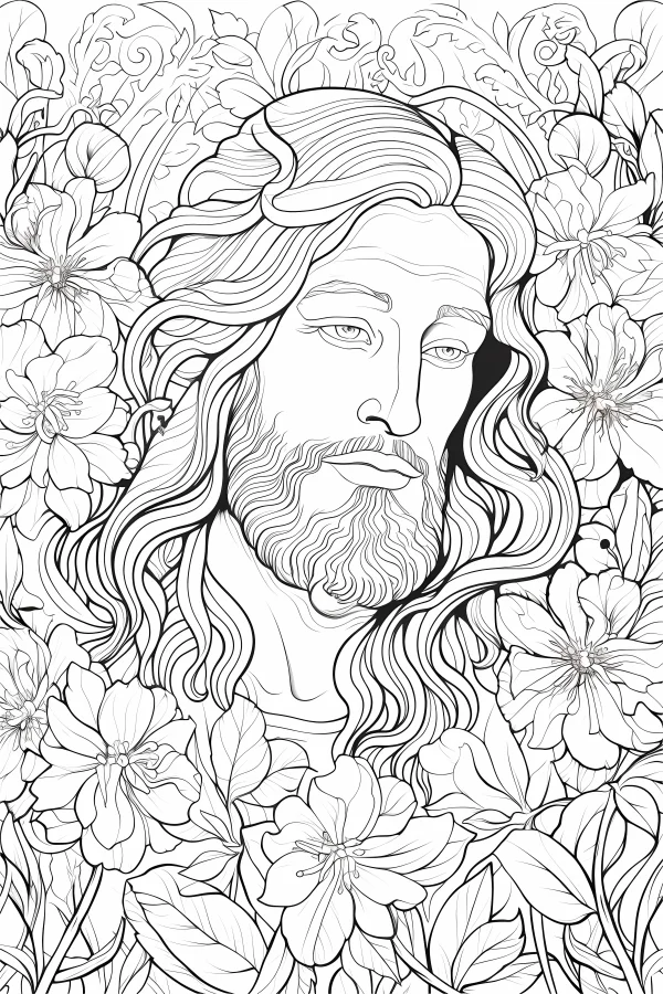 Jesus surrounded by various flowers and vines, realistic line art style — free printable religion coloring book page