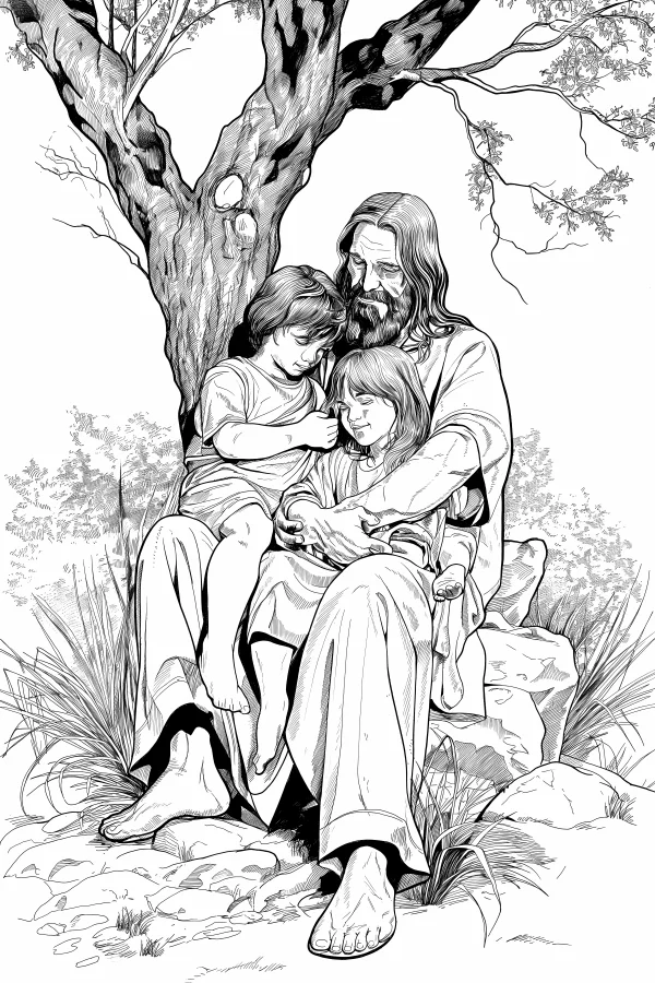 Jesus embracing two children, realistic illustration style — free printable religion coloring book page