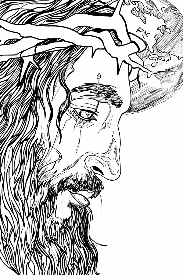 Jesus wearing crown of thorns, sketch style — free printable religion coloring book page