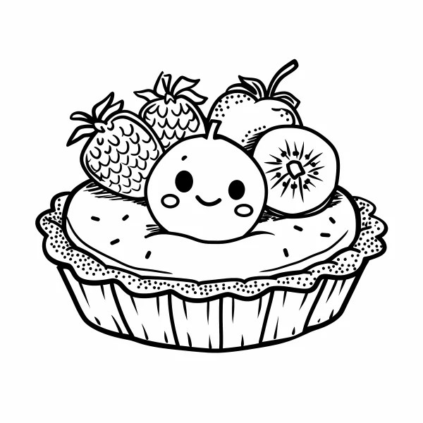 Anthropomorphized fruit tart with smiling face, topped with strawberries and kiwi slice — free printable cartoon coloring book page
