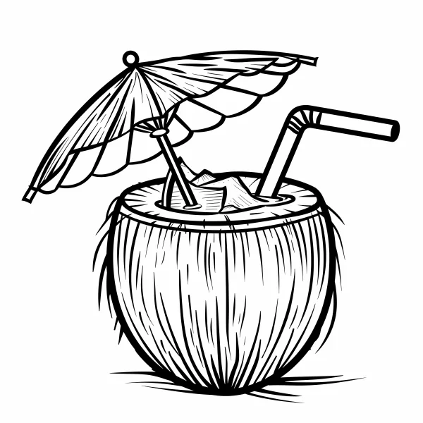 Coconut drink with a small umbrella and straw, sketch style — free printable summer coloring book page