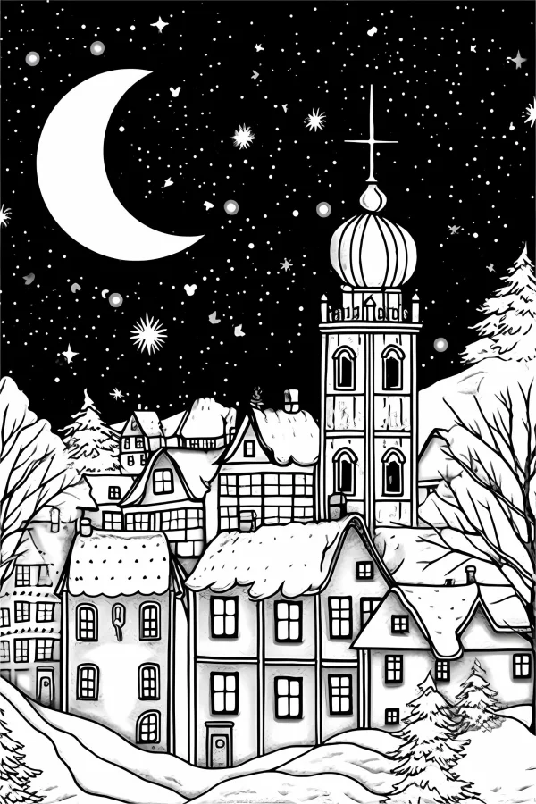 Snowy european town buildings under crescent moon, illustration style — free printable town coloring book page