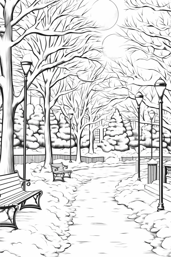 Winter park path with benches and vintage street lamps, realistic sketch line art style — free printable leisure coloring book page